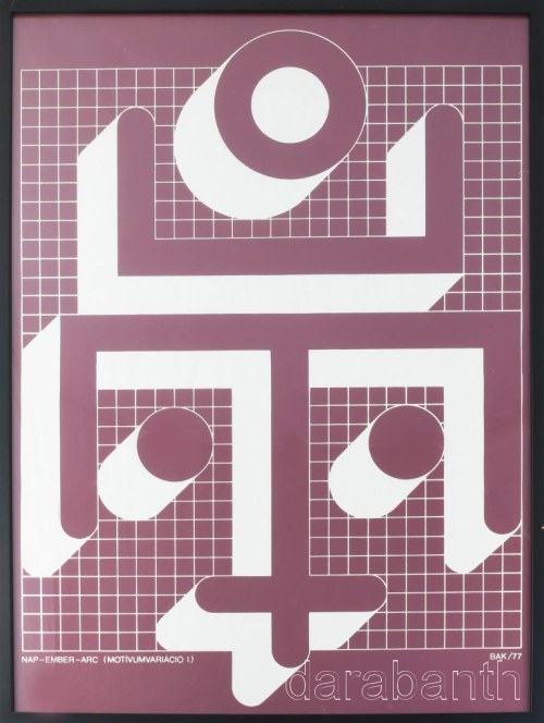 Bak Imre (1939-2022): Nap-ember-arc (motívumvariáció I), 1977. Szitanyomat, papír, jelzett a nyomaton. Kisebb gyűrődésekkel. Üvegezett fakeretben. 75x54 cm