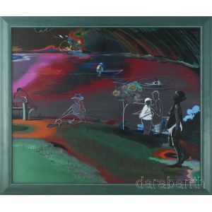 Neuberger István (1953-): Este a vízparton, 2000. Akril, farost. Jelzett. Fakeretben. 50x60 cm