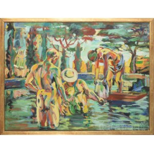 Simonyi Emő (1943-): Fürdőzők 2011. Olaj, vászon, jelzett j.l. 50x60 cm Aranyozott fa keretben.