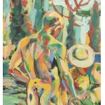 Simonyi Emő (1943-): Fürdőzők 2011. Olaj, vászon, jelzett j.l. 50x60 cm Aranyozott fa keretben.