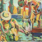 Simonyi Emő (1943-): Fürdőzők 2011. Olaj, vászon, jelzett j.l. 50x60 cm Aranyozott fa keretben.