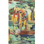 Simonyi Emő (1943-): Fürdőzők 2011. Olaj, vászon, jelzett j.l. 50x60 cm Aranyozott fa keretben.
