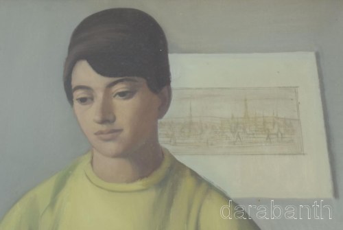 Mácsai István (1922- 2005): Ülő nő, 1960-70 körül. Olaj, vászon, jelezve jobbra lent, hátoldalán Képcsarnok Vállalat kissé töredékes cimkéivel. Üvegezett, kissé kopott fakeretben, 80×60 cm / Oil on canvas, signed, framed, 80×60 cm