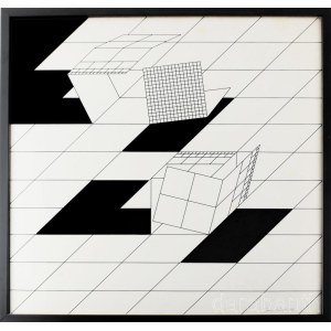 Kocsis Imre (1937-1991): Geometrikus kompozíció, 1972. Szitanyomat, papír, jelzett. Üvegezett fakeretben, 49×49 cm. / serigraphy on paper, signed, framed