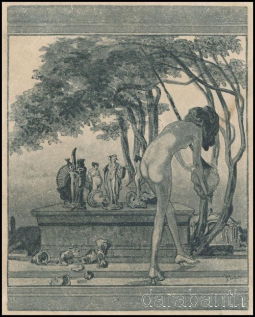 Franz von Bayros (1866-1924): Fürdő (erotikus kisgrafika). Heliogravűr, papír, ceruzával jelzett. Kisebb elszíneződésekkel. 10x8 cm