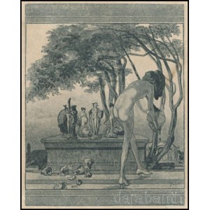 Franz von Bayros (1866-1924): Fürdő (erotikus kisgrafika). Heliogravűr, papír, ceruzával jelzett. Kisebb elszíneződésekkel. 10x8 cm