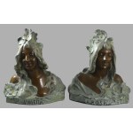 cca 1910/1920 Párizsi art nouveau nimfa büszt pár. Bronzírozott és festett fém, Rosa és Violetta felirattal, jelzés nélkül, kopott, m: 25,5 cm /// Circa 1910-1920, Parisian Art Nouveau pair of nymph busts. Bronze-patinated and painted metal, inscribed "Ro