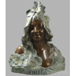 cca 1910/1920 Párizsi art nouveau nimfa büszt pár. Bronzírozott és festett fém, Rosa és Violetta felirattal, jelzés nélkül, kopott, m: 25,5 cm /// Circa 1910-1920, Parisian Art Nouveau pair of nymph busts. Bronze-patinated and painted metal, inscribed "Ro
