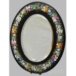Murano mikromozaik díszítésű tükör, cca 19. sz. vége, pácolt fa testtel, támasztható, fazettált tükörlappal, 26x21 cm /// Murano mirror with micro-mosaic decoration, circa late 19th century, stained wooden frame, freestanding, with a bevelled mirror plate