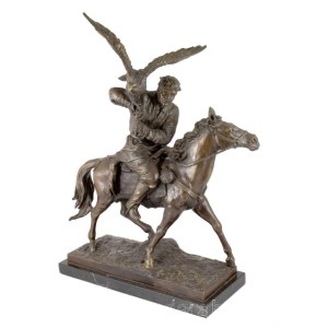 Christophe Fratin (1801-1864) után: Sólyommal vadászó lovas. 20. sz., patinázott bronz, márvány talapzaton, jelzett, 50x64 cm /// KIZÁRÓLAG SZEMÉLYES ÁTVÉTEL, NEM POSTÁZZUK! / ONLY PERSONAL COLLECTION AT OUR OFFICE! /// After Christophe Fratin (1801-1864)