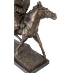 Christophe Fratin (1801-1864) után: Sólyommal vadászó lovas. 20. sz., patinázott bronz, márvány talapzaton, jelzett, 50x64 cm /// KIZÁRÓLAG SZEMÉLYES ÁTVÉTEL, NEM POSTÁZZUK! / ONLY PERSONAL COLLECTION AT OUR OFFICE! /// After Christophe Fratin (1801-1864)