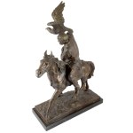 Christophe Fratin (1801-1864) után: Sólyommal vadászó lovas. 20. sz., patinázott bronz, márvány talapzaton, jelzett, 50x64 cm /// KIZÁRÓLAG SZEMÉLYES ÁTVÉTEL, NEM POSTÁZZUK! / ONLY PERSONAL COLLECTION AT OUR OFFICE! /// After Christophe Fratin (1801-1864)