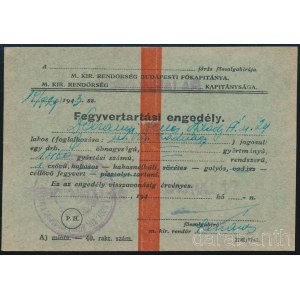 1943 Fegyvertartási engedély 1P és 2P okmánybélyeggel