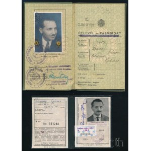 1946 Bp., Gyenes István (1915-1984) újságíró felülbélyegzett (Magyar Köztársaság) útlevele és MÁV igazolványa