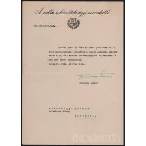 1948 Rózsahegyi Kálmán (1873-1961) színész, színészpedagógus részére adományozott Pro Arte érem adományozó okirata, rajta Ortutay Gyula (1910-1978) vallás- és közoktatásügyi miniszter aláírásával