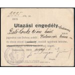 1919 Utazási engedély román és magyar nyelven egy hölgy részére Debrecenből Kolozsvárra / Travel permit in Romanian and Hungarian for a lady traveling from Debrecen to Kolozsvár