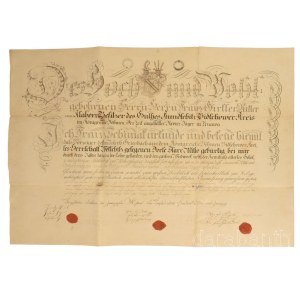1824 Vadász mesterlevél. Nagyszombat városának vadász mestere által kiállítva Griesbach Antalnak. Díszes oklevél, kézzel rajzolt, viaszpecsétekkel, szignettákkal, 62x48 cm 1824 Master Hunter's Certificate. Issued to Antal Griesbach by the Master Hunter of