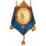 1881 "Balul Roman 1881. 21. Febr.", román bál táncrendje, Morzsányi J[ózsef] budapesti díszműves mester munkája, vászon, réz, aranyozott felirattal, hiányzó táncrenddel, 21x7 cm