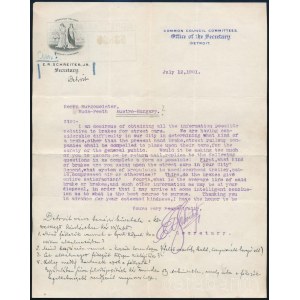 1901 Detroit (Michigan, USA) városi tanácsának titkársága által Budapest polgármesterének címzett, gépelt levél, amelyben a Budapesten használt villamosok, illetve a villamosokon alkalmazott fékrendszerek iránt érdeklődnek (annak reményében, hogy a budape