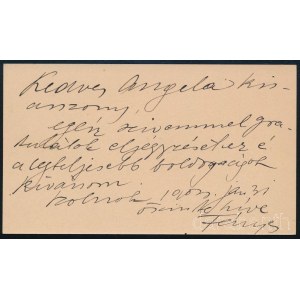 1903 Szolnok, Fényes Adolf (szül. Fischmann Adolf) (1867-1945) festőművész saját kezű aláírása és sorai névjegykártyáján, Hevesi Angéla, Rózsahegyi Kálmán (1873-1961) színész, színészpedagógus menyasszonya részére, amelyben eljegyzéséhez gratulál