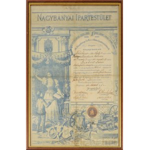 1904 Nagybányai ipartestület nagy méretű dekoratív oklevél, dekoratív üvegezett keretben 34x50 cm 1904 Large, decorative certificate of the Nagybánya Industrial Guild, in a decorative glazed frame (34x50 cm).