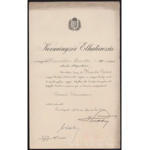 1927 Kormányzói elhatározás: Dicsérő elismerés dr. Krantz Dezső m. kir. altanácsnok-ügyész, a m. kir. csendőrség felügyelője ügyészhelyettese részére, vitéz nagybányai Horthy Miklós (1868-1957) kormányzó, illetve kőrösszeghi és adorjáni gróf Csáky Károly 
