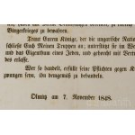1848. november 7., Olmütz, V. Ferdinánd (1793-1875) osztrák császár, magyar és cseh király (1835-1848): Magyar koronám Országainak földmívelő lakosaihoz. Kossuth Lajos és pártütő társai vakmerő kísérletei, mellyek által szerencsétlen hazátokban a' hatalm