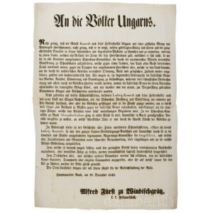 1848 [Alfred Windisch-Grätz herceg (1787-1862)] Herczeg Windischgräz Alfred császári és királyi tábornagy, a császári csapatok főparancsnokának nyomtatott, német nyelvű kiáltványa, melyben a Kossuth Lajost, a honvédelmi bizottmány tagjait és a kormánybizt