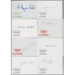 25 db magyar olimpiai bajnok autográf aláírásai autogram kártyákon. Orbán Árpád, Keleti Ágnes, Kárpáti György, Hámori Jenő, Pézsa Tibor, Bárány Árpád, Ihász Kálmán, Keglevich, Fenyvesi, Balczó, Molnár Endre, Gyulay Zsolt, és mások / Autographs of 25 Hunga