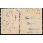 1948 Kispest FC labdarúgó csapat tagjai által aláírt képeslap, Brüsszelből. Kiss, Sipor, Bozsik, Patyi, Horváth, Mészáros stb. közöttük több Aranycsapat játékos. A postcard from Brussels signed by members of the 1948 Kispest FC football team?including Kis