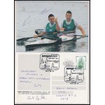 Sportoló aláírás-gyűjtemény, összesen kb. 40-50 db aláírás, közte Buzánszky Jenő (1925-2015) válogatott labdarúgó, az Aranycsapat hátvédje; Balogh Gábor (1976-), Vörös Zsuzsanna (1977-), Pécsi Gábor (1946-), Villányi Zsigmond (1950-1995), Déri Árpád (1954