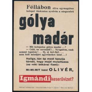 Gólya madár (...), Igmándi keserűvíz kisplakát, papír, Globus-Nyomda, Bp., lapszéli egészen apró szakadással, 24×17 cm