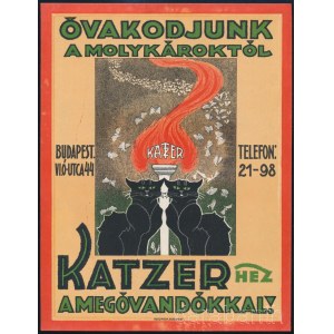 Katzer Óvakodjunk a molykároktól Bp. Ó utca 44., kisplakát, kiadja: Seidner, dekoratív illusztrációval, 23,5×18 cm