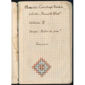 cca 1930-1933 Temesvár, Farkaskölyök napló. Szatmáry Károly falkavezér naplója. Temesvári magyar és (kisebb részben) román nyelvű cserkésznapló, de benne magyar nevekkel. Színezett előzéklappal, címlappal, és egy a címlap utáni lapon rajzzal. Benne kb. 20