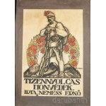 Ágoston Ernő (1889-1957): "Nemes Ernő: Tizennyolcas honvédek. Írta: - -", plakát méretű könyvborító terv, vegyes technika, papír, jelzett, kartonra kasírozva, (körbevágott?), javított, sérült, az alsó szélén kis hiánnyal, foltos, 45x31 cm