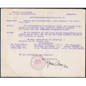 1916 Dunai Flottila.S.M. S. Balaton. Parancs az S.M.S. Balaton egy berendezésének javítására a bécsi Siemens &amp; Halke által, mivel a fedélzeten nem javítható. A parancsot a felelős bizottság három tagja jegyezte. Az egyik a parancsnok, Demeter Rudmann 