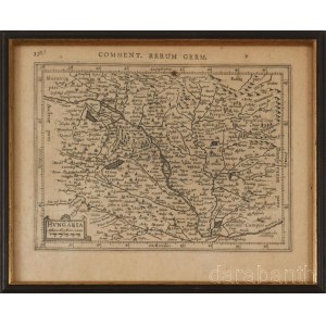 cca XVII. sz. [Magyarország térképe] Hungaria. 336. Comment. Rerum Germ., rézmetszert, papír, jelzés nélkül, modern üvegezett fa keretben, kis foltokkal, 13,5x19 cm, keret: 19x24 cm. In: Jan Janssonius (1588-1664) Atlas Minor c. munkájának több kiadás
