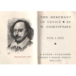 Shakespeare, William: The Merchant of Venice. With a Note. [Miniatűr kiadás.] [Velence] Venice, 1906. S. Rosen Publishing (Per tipi M. Fontana). 1 t. (címkép) + 256 p. + 3 t. Miniatűr kötet, mérete: 70x55 mm. Egyetlen miniatűr kiadás. Miniatűr kiállítású,