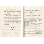 Shakespeare, William: The Merchant of Venice. With a Note. [Miniatűr kiadás.] [Velence] Venice, 1906. S. Rosen Publishing (Per tipi M. Fontana). 1 t. (címkép) + 256 p. + 3 t. Miniatűr kötet, mérete: 70x55 mm. Egyetlen miniatűr kiadás. Miniatűr kiállítású,