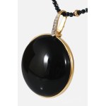 Olasz nyaklánc nagyméretű 30mm átmérőjű csiszolt obszidián berakással, spinell szemes láncon, jelzett, 2004-2016 közötti fémjel, 14 karátos, bruttó 21,2g /// Italian necklace featuring a large 30 mm diameter faceted obsidian inlay, on a spinel bead chain,