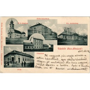 1900 Bácsalmás, Római katolikus templom, Zárda leányiskola, Gőzmalom, Kir. Járásbíróság, Fő út, Rosenberg Adolf üzlete és saját kiadása. Art Nouveau (EK)