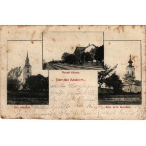 1915 Báránd, Református templom, Római katolikus templom, vasútállomás (ázott sarok / wet corner)