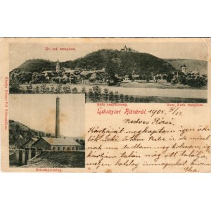 1905 Báta, Református templom, Római katolikus templom, Szivattyútelep. Récsei Pál kiadása (Bátaszék) (vágott / cut)