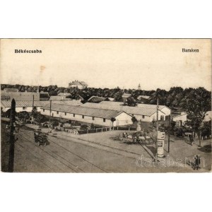 Békéscsaba, katonai barakkok, laktanya, hirdetőoszlop. Tevan Adolf kiadása (fl)