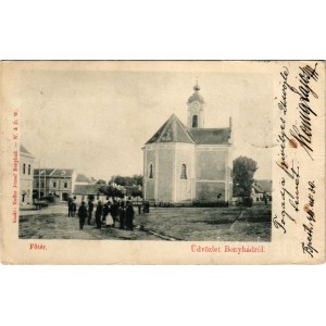 1901 Bonyhád, Fő tér, Római katolikus templom, M. kir. posta és távirdahivatal. Hoffer József kiadása (gyűrődések / creases)