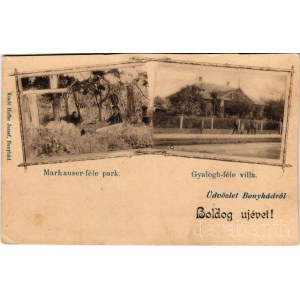 Bonyhád, Marhauser-féle park, Gyalogh villa. Hoffer József kiadása, Art Nouveau - Boldog Újévet! újévi üdvözlettel (vágott / cut)