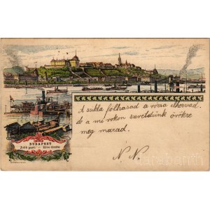 1899 Budapest, Ezredéves Országos Kiállítás, Jobb part, Királyi vár, Lánchíd, gőzhajók. Art Nouveau s: Morelli, Dörre T. + barna 2 Kr Ga. (ázott sarok / wet corner)