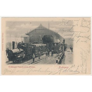 1901 Budapest XII. Svábhegy, Fogaskerekű vasútállomás, gőzmozdony, vasutasok. Divald Károly