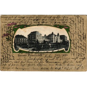 1903 Debrecen, Vasúti indóház, vasútállomás. Komáromi J. felvétele és kiadása, szecessziós-virágos litho keret. Art Nouveau, floral, litho (fa)