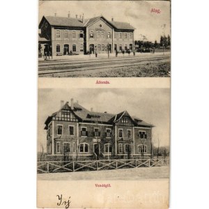 1909 Dunakeszi-Alag, vendéglő, étterem, vasútállomás + BUDAPEST - GALÁNTA - ODERBERG 362 D vasúti mozgóposta bélyegző (EB)